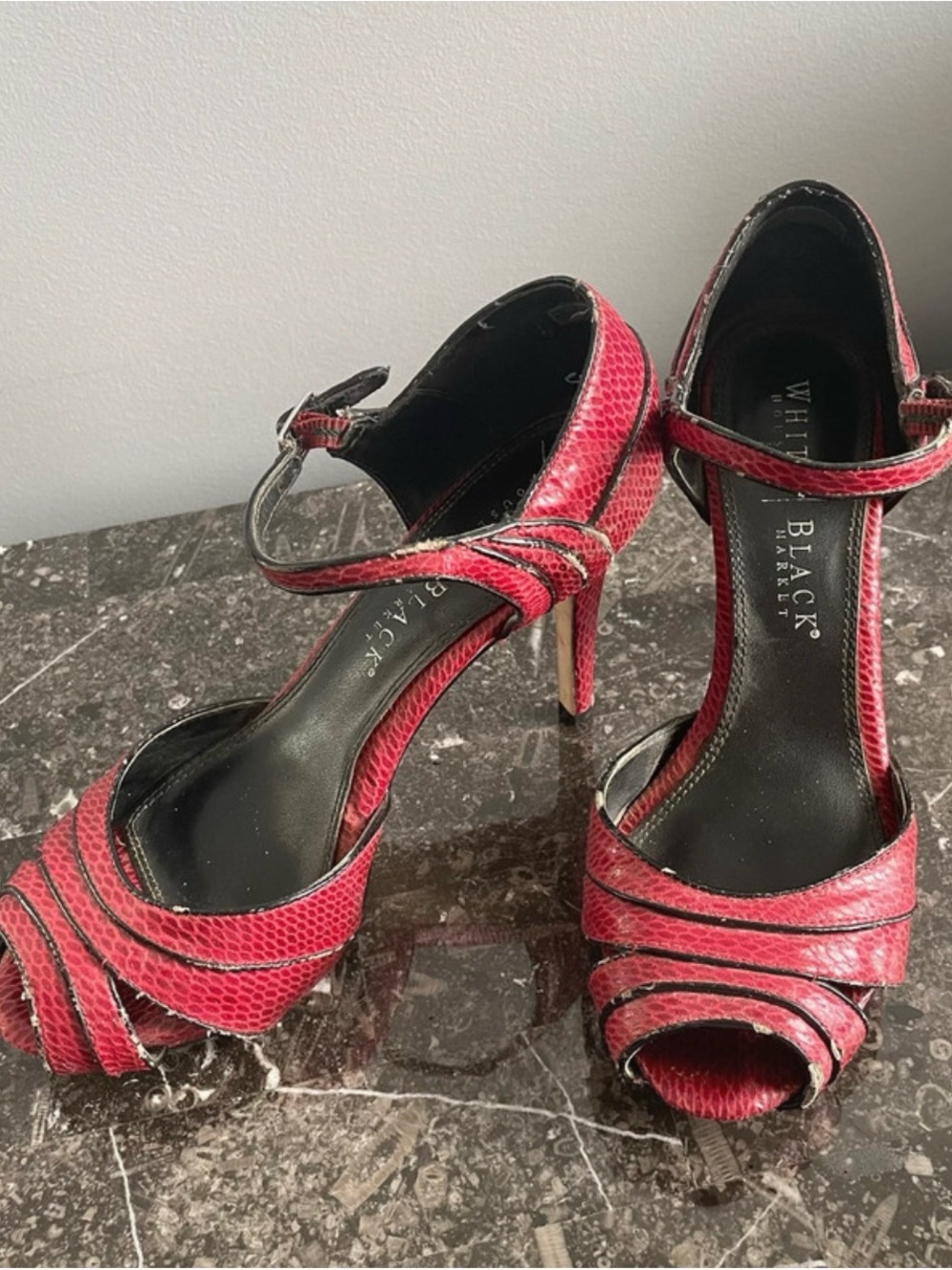 White House Black Market Pink-Red Snakeskin Ankle-Strap Peep-Toe Heels